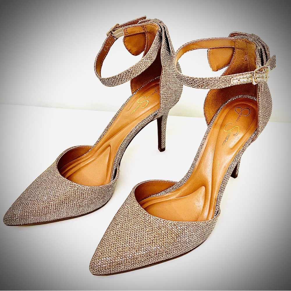 Jessica Simpson 'Lana' 3-1/2" Glittery ‘Bling’ Strappy Heels w/ Bows, Size 7.5 B